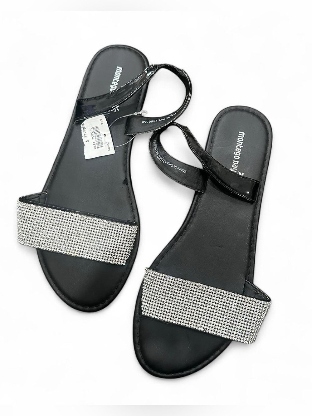 Montego Bay Club Black Flat Sandals with Silver Rhinestone Strap